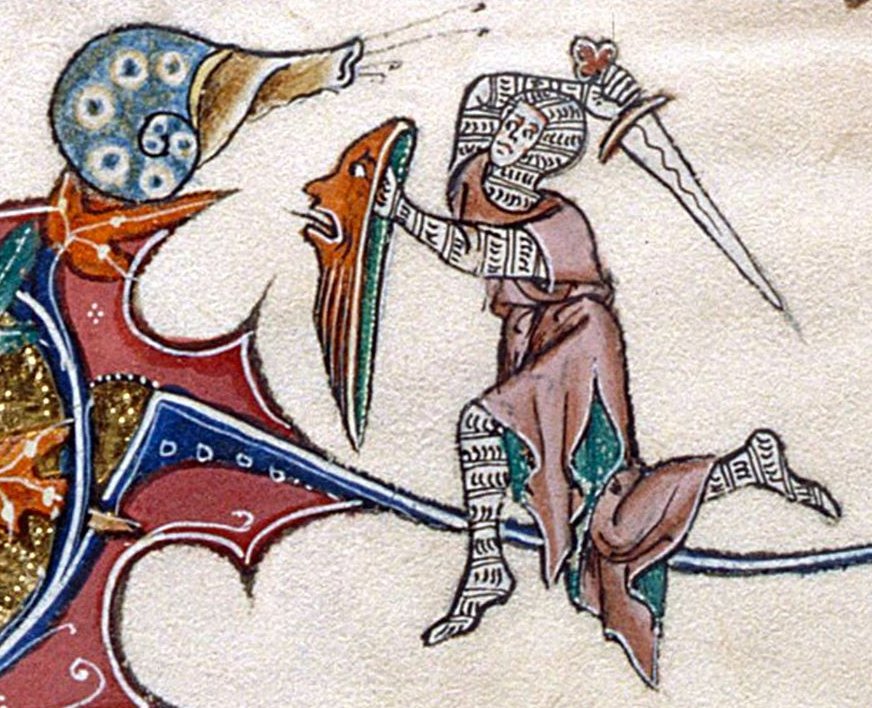 Knight fighting a snail: BL Additional 49622 The Gorleston Psalter, 1310-1325 (source: British Library Folio 193v)